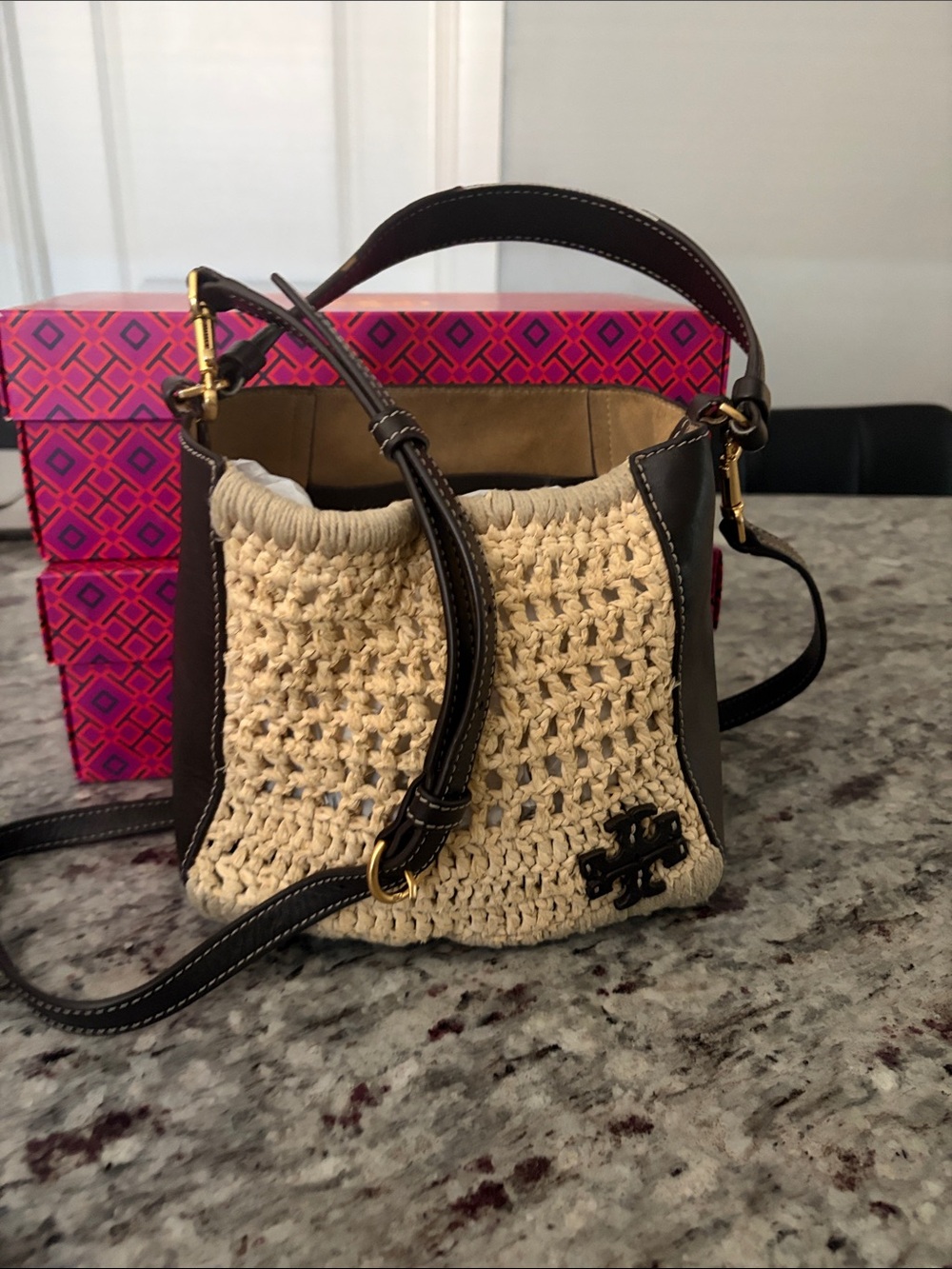 Tory Burch Beige Crochet Crossbody with Dark Brown Leather Trim - Picture 6 of 6